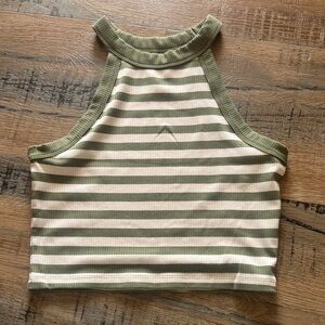 American Eagle Outfitters Olive Green & Cream Striped Halter Crop Top